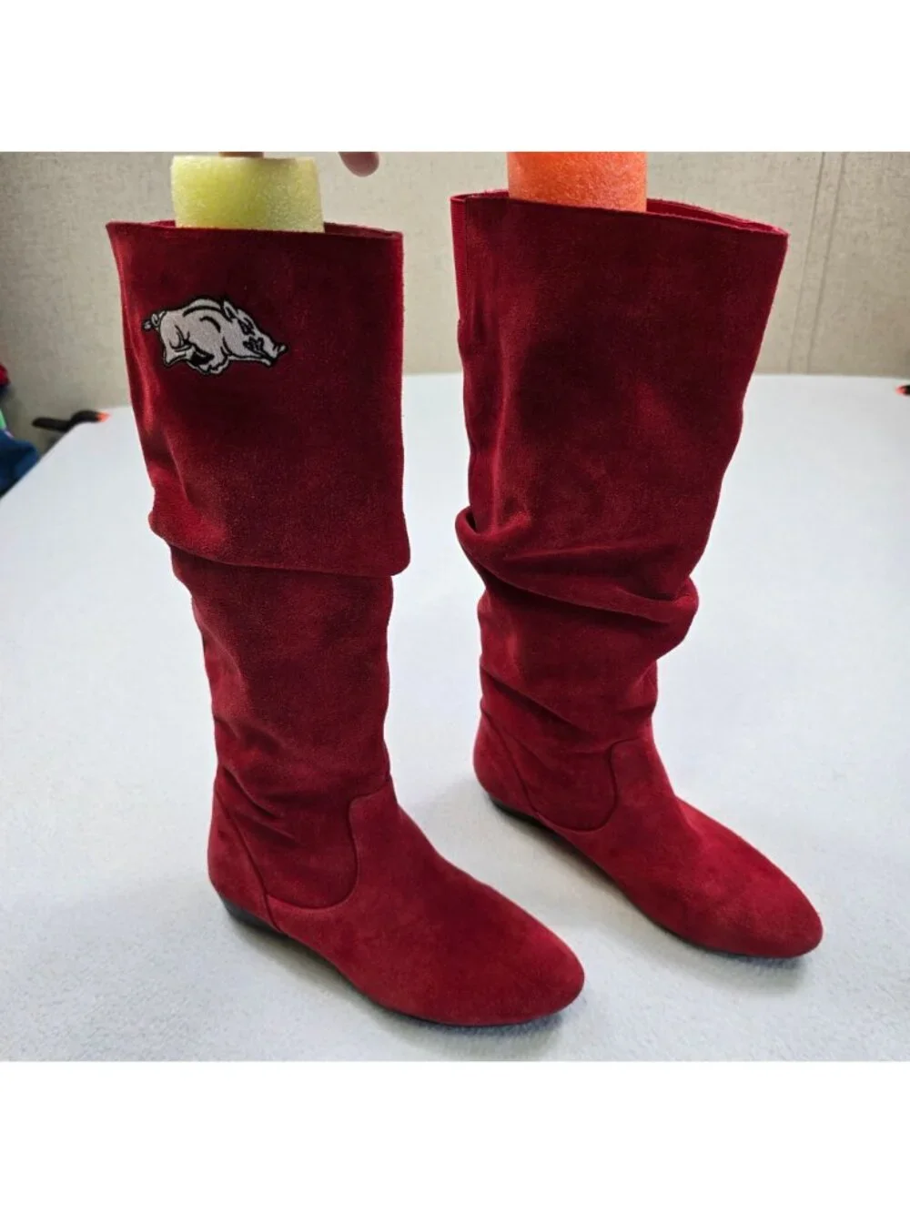 Red Suede Womens Tall Slouch Boots Sz 6M Arkansas Razorbacks Embroidery Leather - Picture 2 of 9
